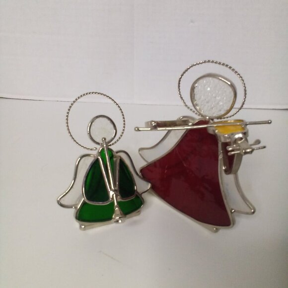 Stained Glass Angel Tea Light Candle Holders Musical Horn Violin Red Green - Picture 15 of 16
